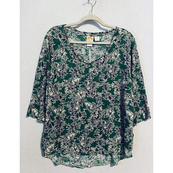 C and C California Top Women 2X Green Tropical Linen Floral Bobcat Jungle Boho - Picture 1 of 6